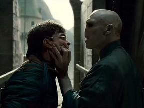 Daniel Radcliffe (left), as Harry Potter and Ralph Fiennes, as Lord Voldemort  in Harry Potter and the Deathly Hallows Part 2.