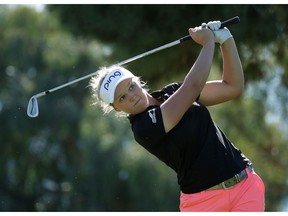 RANCHO MIRAGE, CA - MARCH 29:  Brooke Henderson of Canada plays a tee shot on the 17th hole during a pro am at Mission Hills Country Club on March 29, 2017 in Rancho Mirage, California.