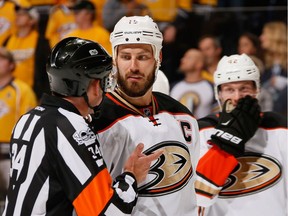 Ryan Getzlaf #15 of the Anaheim Ducks talks with a referee during the first period against the Nashville Predators in Game Three of the Western Conference Final during the 2017 Stanley Cup Playoffs at Bridgestone Arena on May 16, 2017 in Nashville, Tennessee.