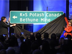 Dr. Ulrich Lamp, president and CEO K+S Potash Canada, unveils the new name during the opening of the K+S Potash Canada Bethune Mine near Bethune.