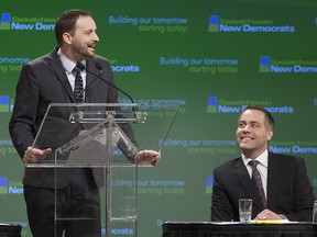 Ryan Meili speaks at the NDP convention on March 10, 2013, after losing his leadership bid to Cam Broten (right).