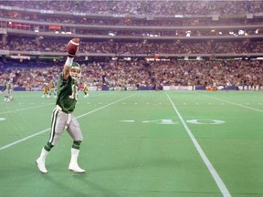 Jeff Fairholm celebrates a 75-yard touchdown during the Saskatchewan Roughriders' 1989 Grey Cup win over the Hamilton Tiger-Cats.