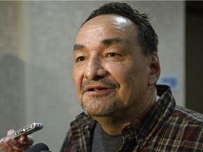 Metis Nation - Saskatchewan vice-president Gerald Morin speaks to media during a break at a MN-S meeting held in a conference room of the Holiday Inn Express in Regina, Sask. on Saturday Apr. 16, 2016. (Michael Bell/Regina Leader-Post)