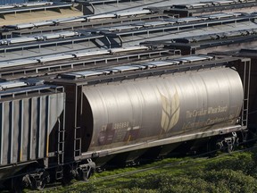 A Canadian Wheat Board train car sits in the yards at Cargill North Vancouver, April 16 2013.