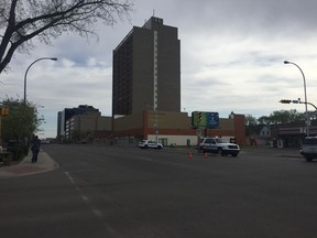Police have blocked off a portion of Broad Street on Friday morning while emergency crews deal with a gas leak. ASHLEY ROBINSON/Regina Leader-Post