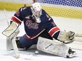 Former Regina Pats goalie Jordan Hollett, shown in action last season, backstopped the Medicine Hat Tigers to a 4-2 win over his old team on Friday.