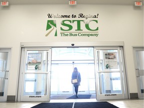 A woman walks out of the Saskatchewan Transportation Company bus terminal in Regina on March 22, 2017.