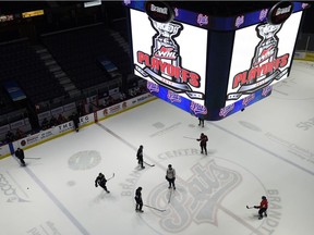 The Regina Pats practice at the Brandt Centre in preparation for their first round playoff series virus the Calgary Hitmen in Regina.