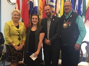 Jane Kish (second from the left) was honoured for a photo collage she made for the Imagine a Canada national arts and communications initiative for youth. She is pictured with the director of the National Centre for Truth and Reconciliation Ry Moran (second from the right), residential school survivor Eugene Arcand (far right) and Lieutenant Governor Vaughn Solomon Schofield (far left).