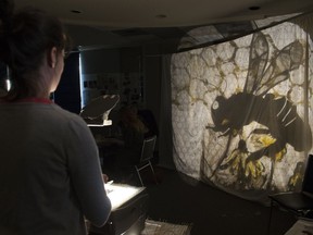 Tamara Unro, not pictured, facilitated a shadow puppet workshop this weekend, put on by the International Puppet Underground Festival, which runs June 1st to 4th in Regina.  Here Michelle Haraazny uses a projector to display her shadow puppet she made during the workshop.