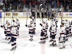 The Regina Pats salute their fans after Sunday's season-ending, 4-3 overtime loss to the Seattle Thunderbirds at the Brandt Centre.