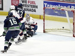 The Seattle Thunderbirds celebrate a Keegan Kolesar goal in the third period 3rd goal to tie the game 3-3 and force overtime against the Regina Pats at the Brandt Centre in game 6 of the WHL final in Regina.