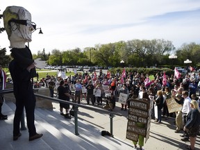 A rally in front of the Legislative Building in Regina on May 16, 2017, protesting cuts by the Saskatchewan Party government.