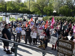 A rally on the steps of the Legislative Building in Regina on May 16, 2017, protesting cuts by the Saskatchewan Party government.
