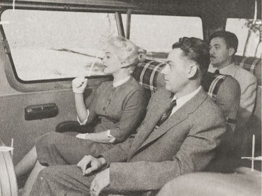 A photo of the Provincial Archives of Saskatchewan Photograph No. 55-240-03, that says "Passengers enjoy the scenery from a Saskatchewan Transportation Company bus" taken Sept. 1955. Based on clothing and hairstyle in the previous photo, the woman on the left appears to be Shirley Douglas.