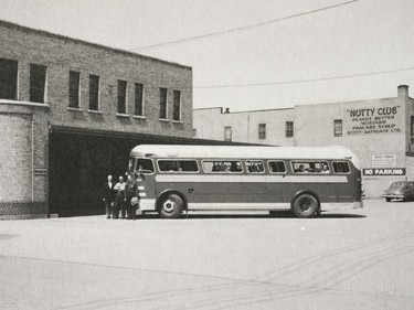 A photo of the Provincial Archives of Saskatchewan Photograph No. 54-023-05, that says "A Saskatchewan Transportation Company bus" taken May 1954.