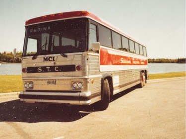 A photo of the Provincial Archives of Saskatchewan Photograph No. 79-793-27, that says "New Sask.Transportation Co. buses" taken June 1979.
