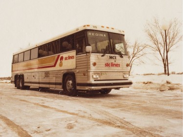 A photo of the Provincial Archives of Saskatchewan Photograph No. 81-3387-43, that says "New Sask. Transportation Co. buses" taken Feb. 23, 1982.