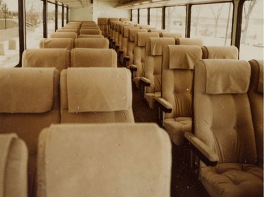 A photo of the Provincial Archives of Saskatchewan Photograph No. 81-3387-51, that says "Interior of new bus. Sask. Transportation Company" taken Feb. 23, 1982.