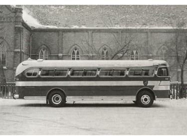 A photo of the Provincial Archives of Saskatchewan Photograph No. 56-515-04, that says "One in a series of new buses which were built by the Western Flyer Coach Ltd., Winnipeg, for the Saskatchewan Transportation Company. The new buses feature the latest in body structure, engineering, safety features and comfort" taken Jan. 1957.