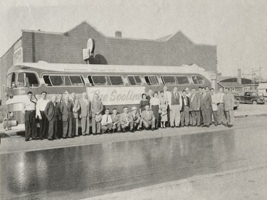 A photo of the Provincial Archives of Saskatchewan Photograph No. 57-454-01, that says "Guests on the first official Sooliner run by the Saskatchewan Transportation Company to Estevan" taken Oct. 1957.