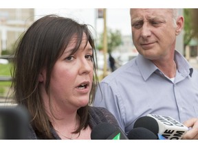 Janet Leflar and Wade Anderson speak to reporters outside the Court of Queen's Bench in Regina  on Tuesday, May 23, 2017. Janet Leflar is Hannah Leflar's mother, and Anderson is her stepfather.