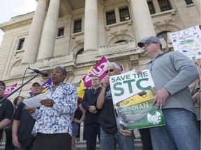 Supporters of STC gather outside the Saskatchewan Legislative Building on May 4 during a rally.