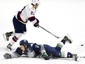 The Seattle Thunderbirds' Mathew Barzal fell on this play, when the Regina Pats' Sam Steel took off on a breakaway, but the home side ultimately fell 2-1 in overtime at the Brandt Centre on Friday night.