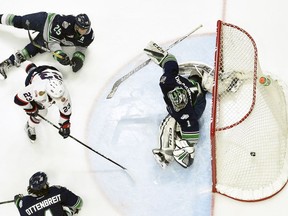 Regina Pats centre Sam Steel beats Seattle Thunderbirds goalie Carl Stankowski just 50 seconds into Game 2 of the WHL championship series at the Brandt Centre in Saturday.