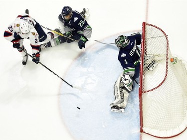 Regina Pats Sam Steel scores a first period goal as his shot gets past Seattle Thunderbirds goalie Carl Stankowski in game 2 of the WHL championship series at the Brandt Centre in Regina.