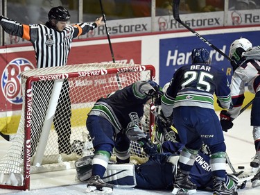 The referee waves off a goal after the goal judge signalled a Regina Pats goal in the second period against the Seattle Thunderbirds in game 2 of the WHL championship series at the Brandt Centre in Regina.  The play was reviewed and there was no goal on the play.