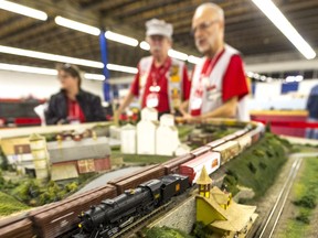 A Mikado model rail engine travels around the Prairie Dog Central track at Railfest held at the Tartan Curling Club. The Win N Trak Model Railway Group from Winnipeg was one of many participants in the festival.