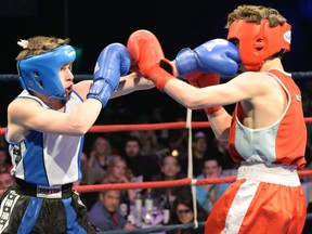 Denys Hutsol, left, of the Lonsdale Boxing faces Wolfgang Edwards of Medicine Hat at the 2015 Battle of the Prairies. This year's card, the eighth such event, is to be held Friday night at the Conexus Arts Centre.