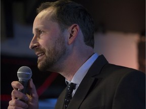 Ryan Meili celebrates after winning the Saskatoon Meewasin by-election in Saskatoon on Thursday, March 2, 2017.