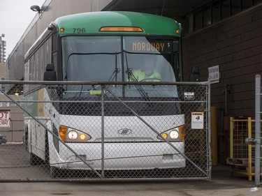 A Saskatchewan Transportation Company (STC) bus departs at the depot in Saskatoon, SK on Tuesday, March 28, 2017.