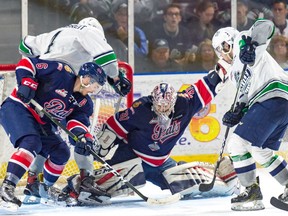 Regina Pats goaltender Tyler Brown makes one of his 35 saves against the Seattle Thunderbirds in Game 3 of the WHL final on Tuesday in Kent, Wash.