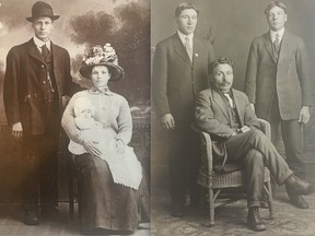 At left: “Joe” Delorme, with wife Bessie and son Norman in Edmonton, Alta., in 1912. At right: “Frank” Delorme (seated), with sons Octave (left) and Daniel (right) in Broadview, Sask., circa 1916.