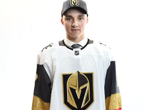 Jake Leschyshyn of the Regina Pats in his Las Vegas Golden Knights jersey after being selected in the NHL draft on Saturday.