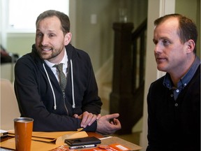 Ryan Meili with Trent Wotherspoon in Saskatoon on March 3, 2017.