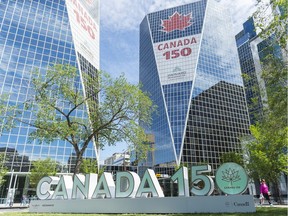 A Canada 150 sign in Victoria Park.