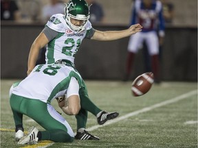 Tyler Crapigna was wide on this 45-yard field-goal attempt to allow the Montreal Alouettes to emerge with a 17-16 victory over the Saskatchewan Roughriders on Thursday.