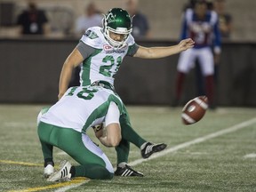 Saskatchewan Roughriders kicker Tyler Crapigna misses a field goal in the final seconds of the fourth quarter in CFL action against the Montreal Alouettes on June 22.