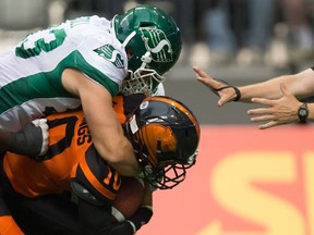 Riders defensive end Davis Tull (left) registered two sacks in Friday's pre-season finale against the B.C. Lions.