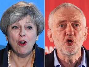 A combination of file photos created in London on May 31, 2017. Britain's Prime Minister Theresa May and Labour Party leader Jeremy Corbyn. Britain goes to the polls in a general election June 8, 2017.