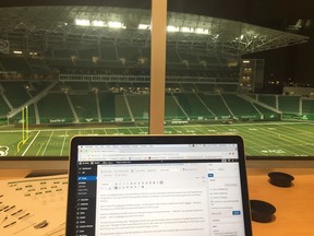 The view from Rob Vanstone's press-box perch at the new Mosaic Stadium on June 10.
