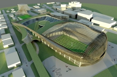 Conceptual image of a downtown Regina stadium and entertainment facility designed by Douglas Cardinal.