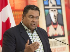 Tribal Chief of the File Hills Qu'Appelle Tribal Council Edmund Bellegarde speaks at a ribbon cutting ceremony for the opening the exhibit called Building Better Partnerships: The RCMP and Canada's First Peoples, at the RCMP Heritage Centre. It explores the history of the RCMP and First Nations people and highlights the partnerships created between the two.