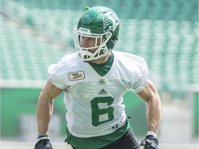 Saskatchewan Roughriders wide receiver Rob Bagg #6 during a practice at Mosaic Stadium.