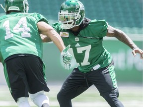 Jovon Johnson (17) is back with the Saskatchewan Roughriders after a 10-year absence.