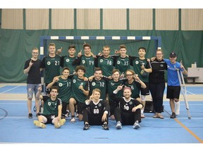 Saskatchewan celebrates a Canadian junior men's handball title Sunday at the Sportplex.